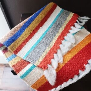 Striped Handwoven Runner- in Red, Orange, Blue & Turquoise - Wool